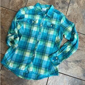 Columbia teal plaid long sleeve button down shirt, women's size M